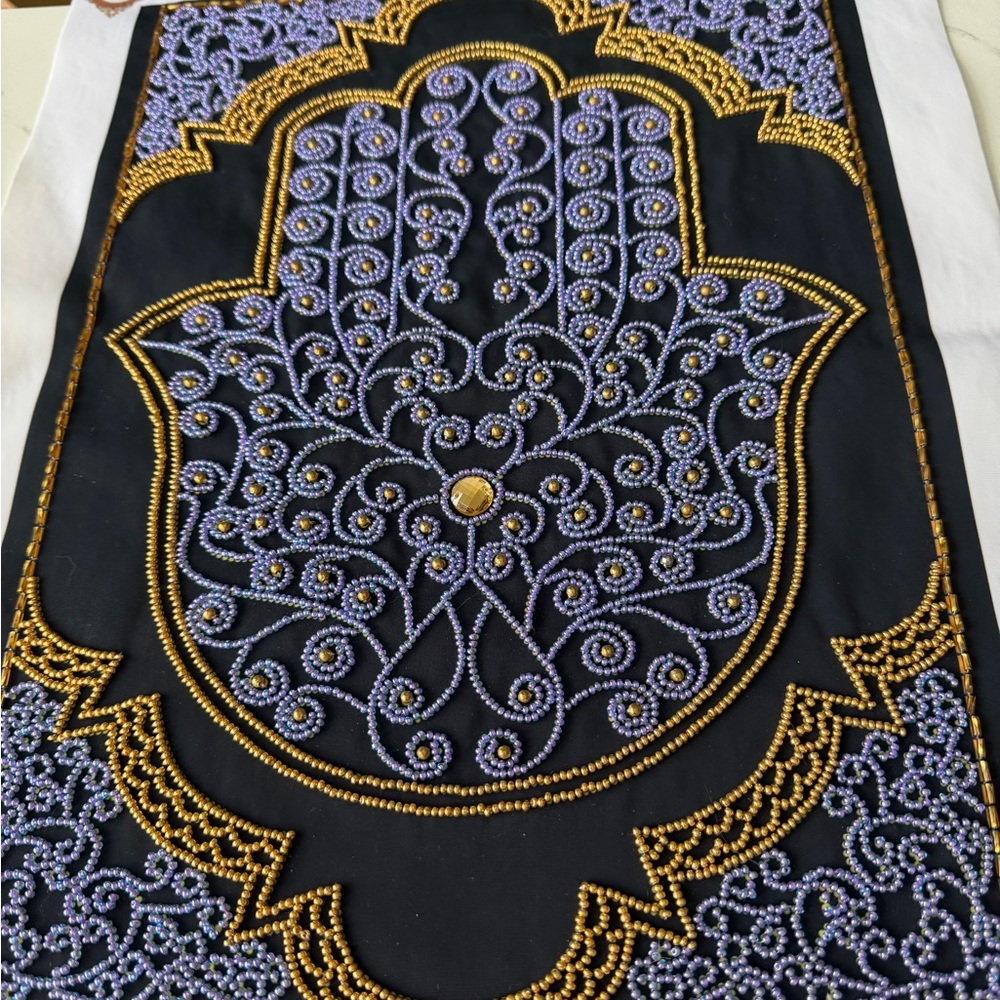 Embroidered Beaded Hamsa Wall Hanging in Black, Lavender & Gold (no frame)